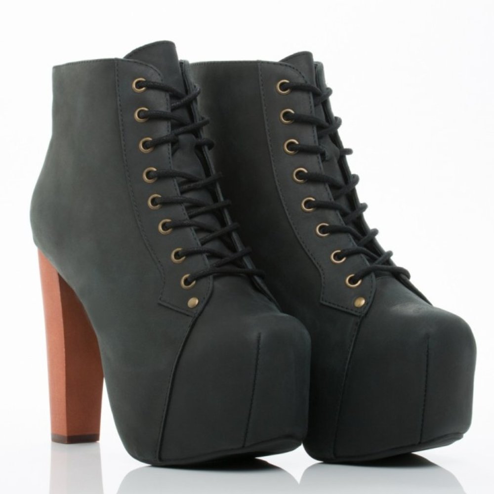 NIB Jeffrey Campbell Lita, Black Distressed Heeled Boots